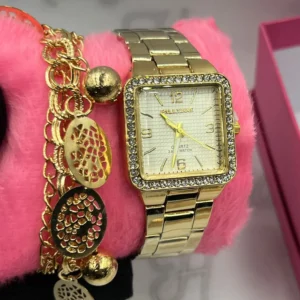 Kit Relógio Feminino Luxo - Pallyjane Cravejado Quadrado A prova d'água + Pulseira Medalhas + Caixinha - Dourado