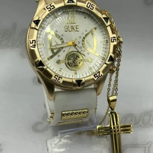 Kit Relógio Masculino Guke Tourbillon – Linha Ouro 18K Dourado e Branco