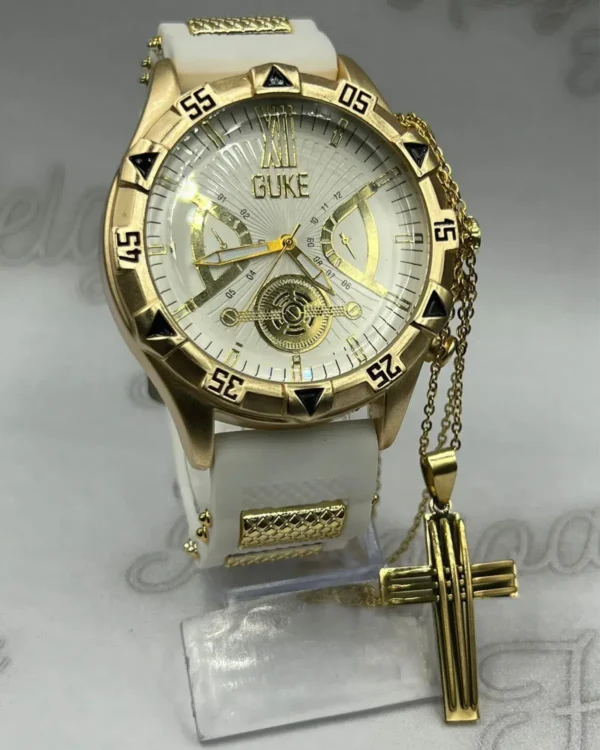 Kit Relógio Masculino Guke Tourbillon – Linha Ouro 18K Dourado e Branco