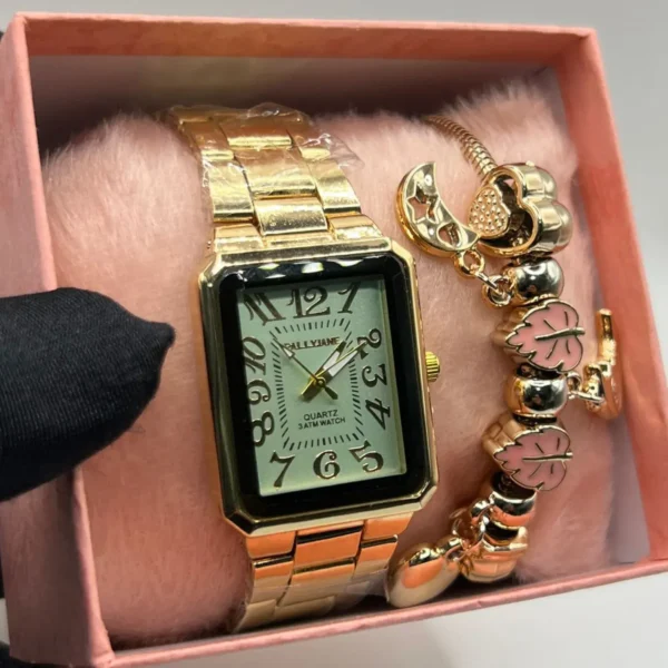 Kit Relógio Feminino Luxo Pallyjane Retangular 100% Funcional - A prova d'água + Pulseira Berloques + Caixinha - Dourado com Branco